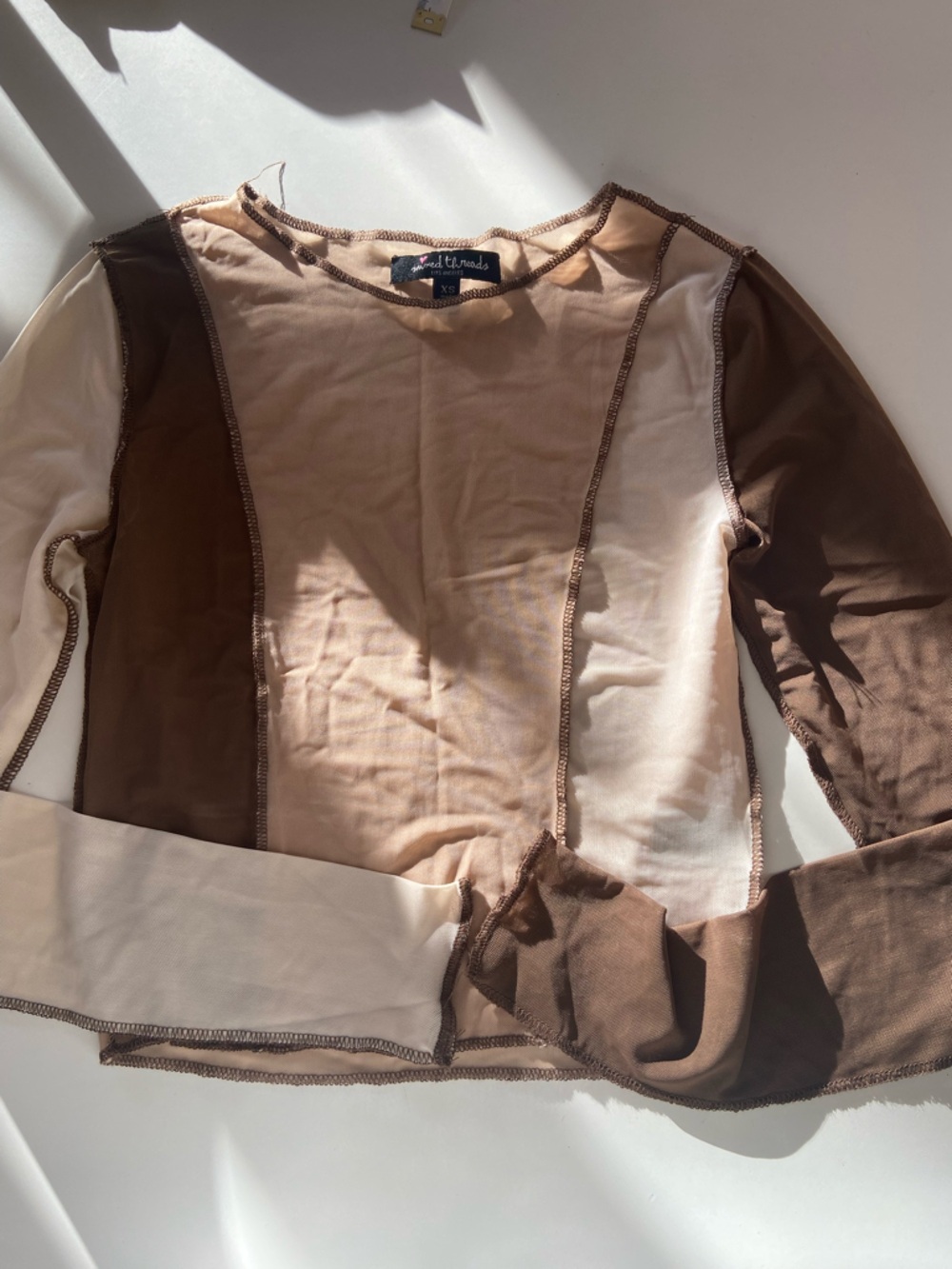 Brown/Creme Cropped Colorblock Long-Sleeve Mesh Sheer Top, sz XS, never worn